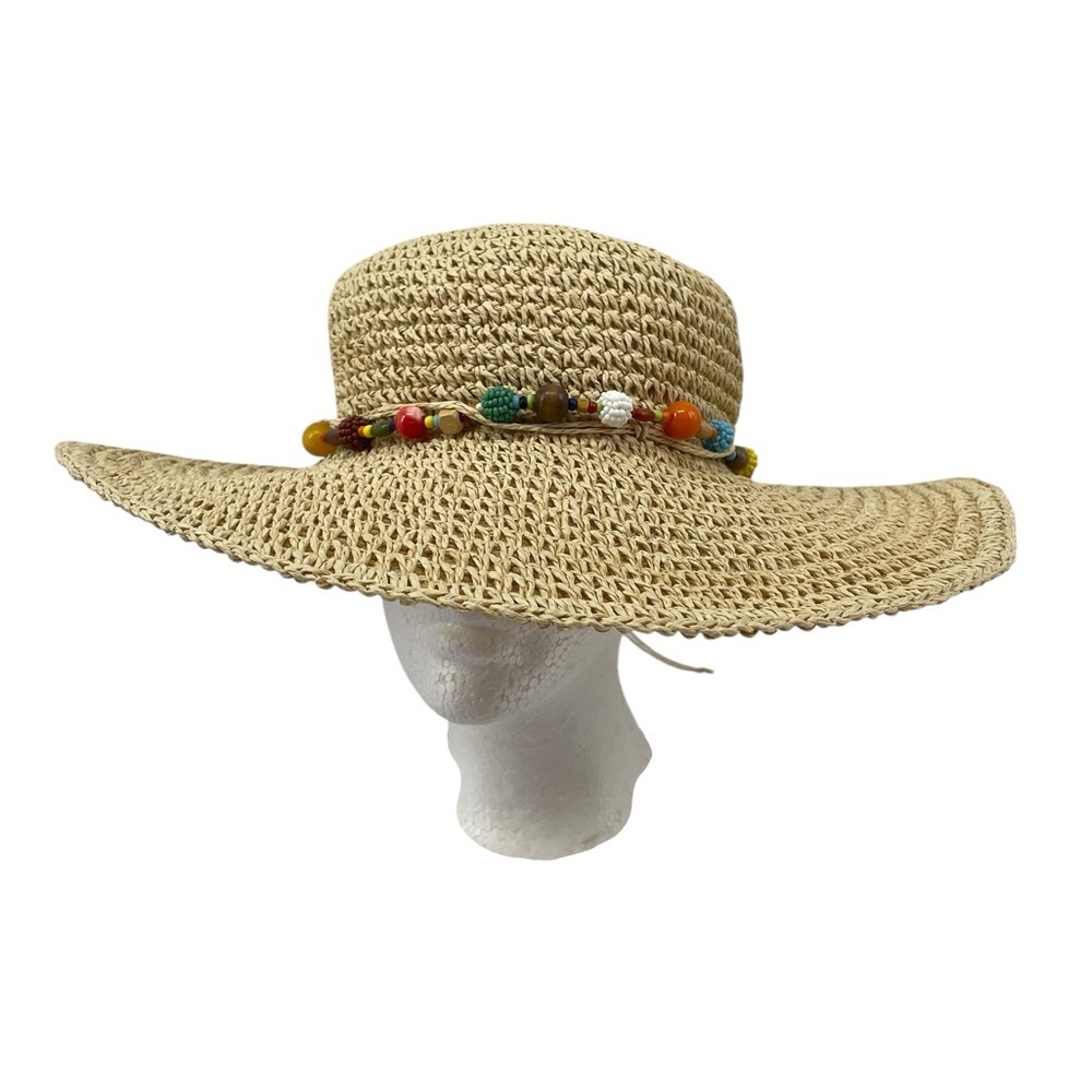 Cappelli Straworld Wide Brim Bead Band Stylish Vacation Fun Beach Straw Hat